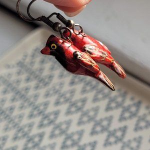 Vintage Red Cardinal Bird earrings - Hand Painted and Wooden
